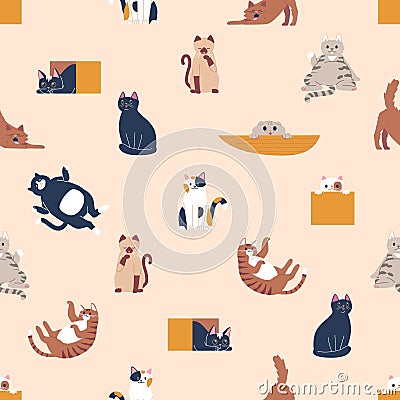 Seamless Pattern Featuring Playful Cats In Various Poses, Creating A Whimsical And Charming Design For Cat Lovers Vector Illustration