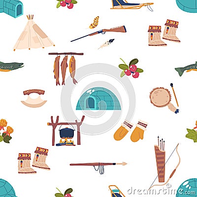 Seamless Pattern Featuring Traditional Inuit Items. Igloo, Gloves, Mukluks, Ulu, And Harpoon. Sled, Tambourine Vector Illustration