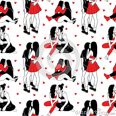 Seamless pattern with Female characters looking at each other. Lesbian couple in love. Vector Illustration