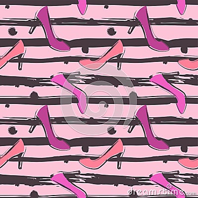 Seamless pattern with female high heel shoes on striped and dotted background Vector Illustration