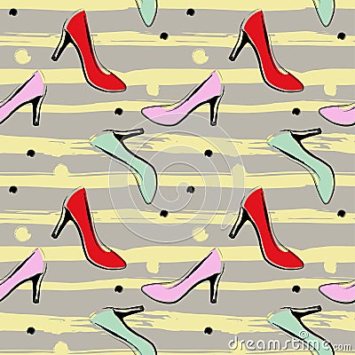 Seamless pattern with female high heel shoes on striped and dotted background Vector Illustration