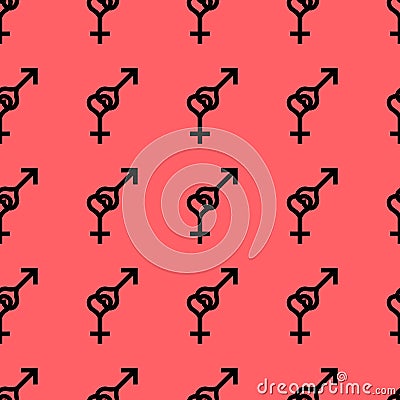 Seamless pattern. Female and male romantic collection. Female and male small black heart signs same sizes. Pattern on red backgrou Stock Photo