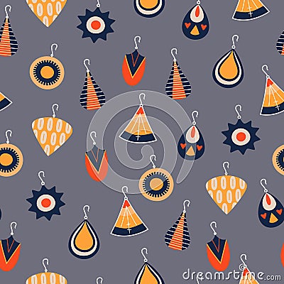 Seamless pattern with female vintage earrings. Boho style accessories on blue background Vector Illustration