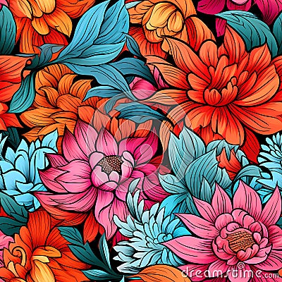 Seamless pattern of festive blue, orange and red flowers Cartoon Illustration