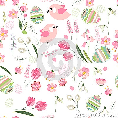 Seamless pattern with festive painted eggs, stylized flowers and pretty birds. Endless texture for your design Vector Illustration