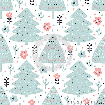 Seamless pattern with fir tree and flowers in cartoon style. Vector illustration. Vector Illustration