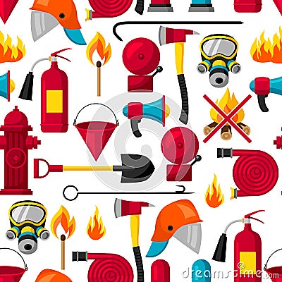 Seamless pattern with firefighting items. Fire protection equipment Vector Illustration