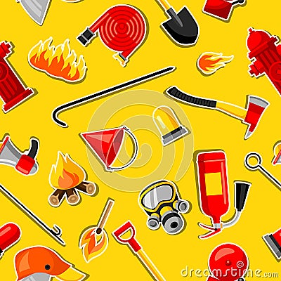 Seamless pattern with firefighting stickers. Fire protection equipment Vector Illustration