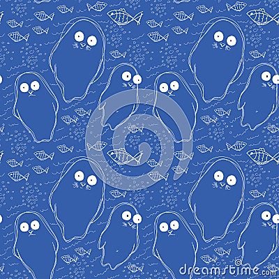 Seamless pattern with fish and white seal animal on blue background Vector Illustration