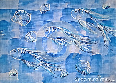 Seamless pattern with fishes and clams, the blue background, drawn by hand. Stock Photo