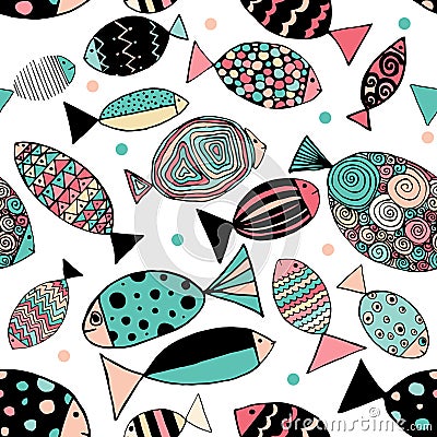 Seamless pattern with fishes. Funny fish outline art Vector Illustration