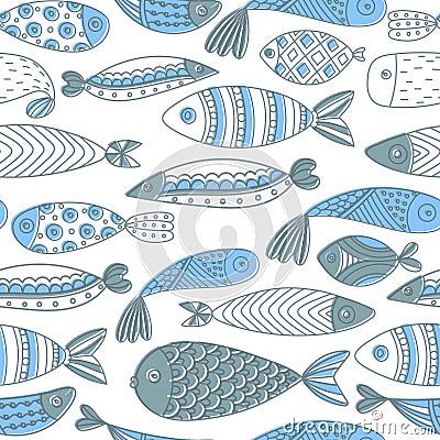 Seamless pattern with fishes. Hand drawn undersea world. Artistic background. Aquarium Vector Illustration