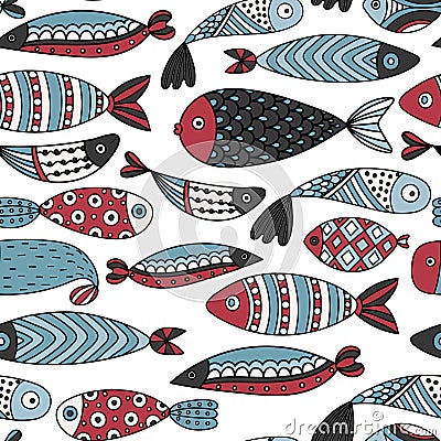 Seamless pattern with fishes. Hand drawn undersea world. Colorful artistic background. Aquarium Vector Illustration