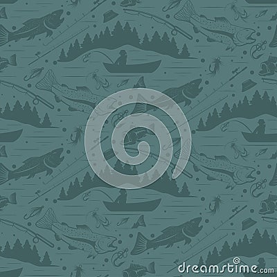 Seamless pattern for fishing theme. fish, fishman, lure, rod a Vector Illustration