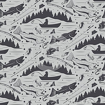 Seamless pattern for fishing theme. fish,fishman,lure,rod a Vector Illustration