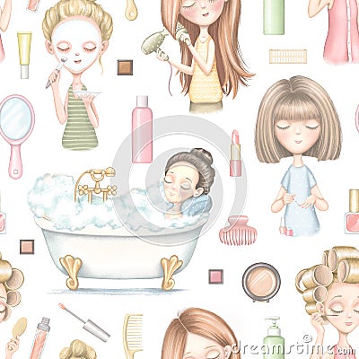 Seamless pattern with five cartoon girls who do beauty treatments and various cosmetics Cartoon Illustration