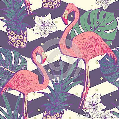 Seamless pattern with flamingo birds Vector Illustration