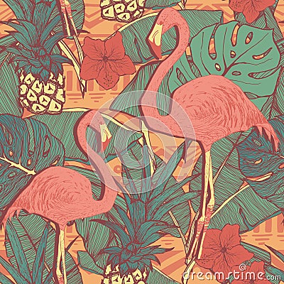 Seamless pattern with flamingo birds and pineapples Vector Illustration