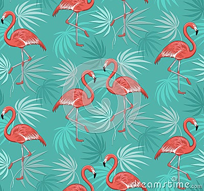 Seamless Pattern with Flamingo Birds and Tropical Leaves Vector Illustration