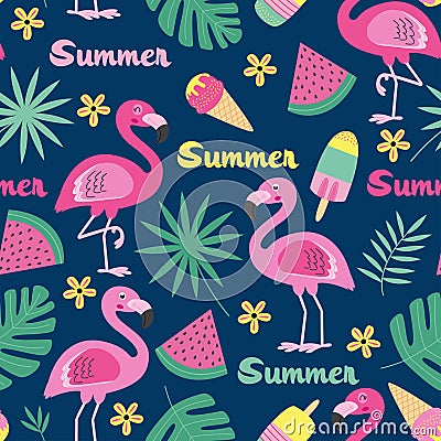 seamless pattern with flamingo, ice cream, watermelon, tropical leaf Vector Illustration