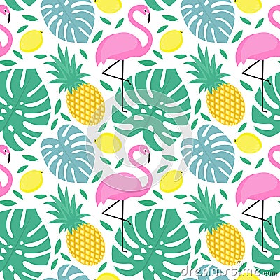Seamless pattern with flamingo, pineapple, lemons and green palm Vector Illustration