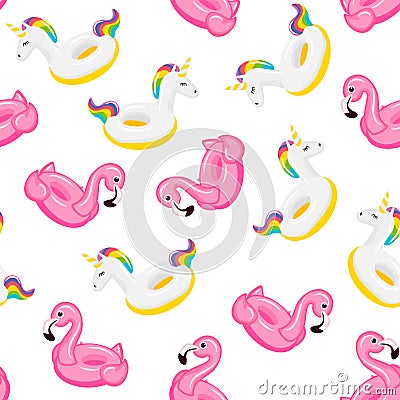 Seamless pattern flamingo and unicorn inflatable Cartoon Illustration