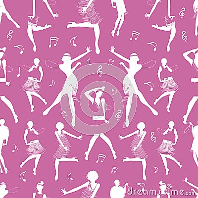 Seamless pattern of flapper girl silhouettes dancing Charleston, swing or retro jazz music Vector Illustration