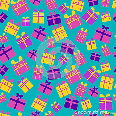 Seamless pattern of flat, bright, multi-colored gift boxes with ribbons and bows on a blue background Vector Illustration