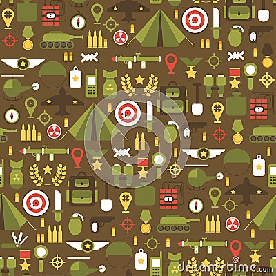 Seamless pattern of flat colorful military and war icons set. Army infographic design elements. Illustration in flat style. Vector Illustration