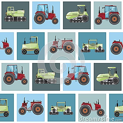 A seamless pattern with flat farm tractors for children or boys, a vintage vector stock illustration for printing on fabric or Vector Illustration