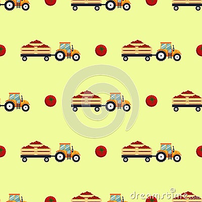 Seamless pattern with flat yellow tractor with a cart tomato. Vector Illustration