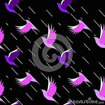 Seamless pattern of flock of birds flying in the dark during a rain Stock Photo