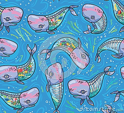 Seamless pattern with floral anatomy whales in cartoon style. Vector illustration Vector Illustration