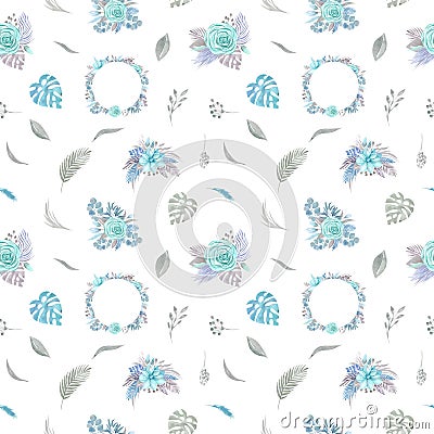 Seamless pattern of floral arrangement Tropical palm leaves, pampas, rose blue, magnolia, eucalyptus branches, greenery on white Stock Photo