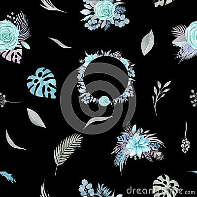 Seamless pattern of floral arrangement Tropical palm leaves, pampas, rose blue, magnolia, eucalyptus branches, greenery on black Stock Photo