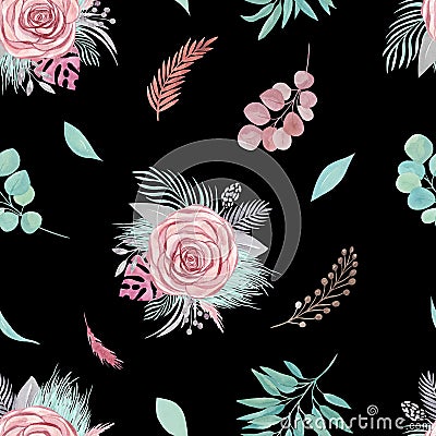 Seamless pattern of floral arrangement Tropical palm leaves, pampas rose, eucalyptus branches, green on black background Stock Photo