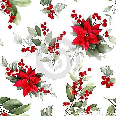 Seamless pattern with Floral, holly, winter berries in Christmas bouquet. Modern universal artistic templates. Corporate Stock Photo