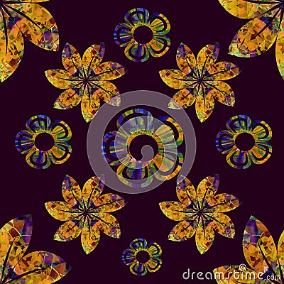 Floral image in gold and blue, in a plane black background, vintage image, seamless pattern Vector Illustration