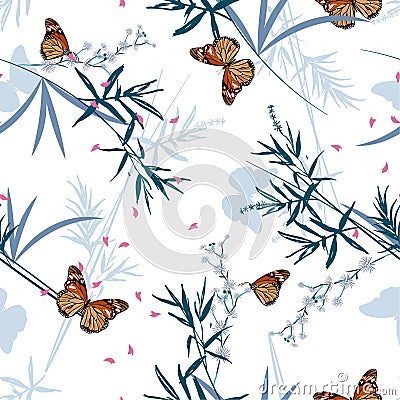 Seamless pattern Floral with oriental butterflies in the bamboo garden. Hand drawn Vector illustration.Design for fashion,fabric, Vector Illustration