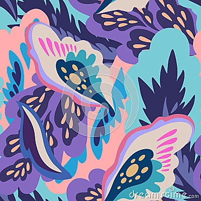 Seamless pattern with floral and plants element in psychedelic funky style in pastel colors Vector Illustration