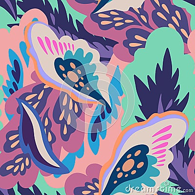 Seamless pattern with floral and plants element in psychedelic funky style in pastel colors Vector Illustration