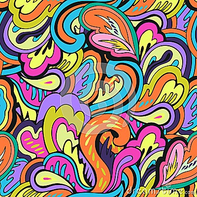 Seamless pattern with floral and plants element in psychedelic funky style in pastel colors Vector Illustration