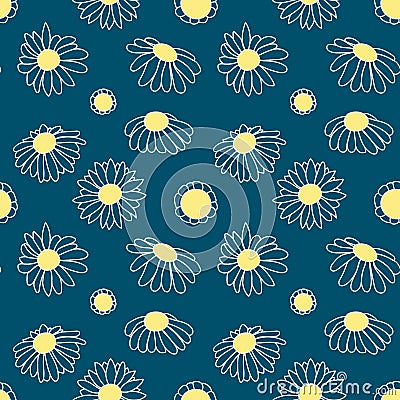 Seamless pattern floral. Print with spring flowers. Classical daisies white and pale yellow. Blue background. Vector illustration Vector Illustration