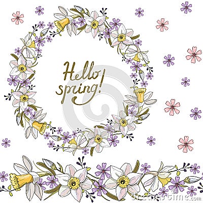 Seamless pattern with floral romantic elements. Endless texture for season spring design. Narcissus flowers Vector Illustration