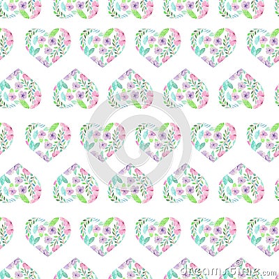 Seamless pattern of floral watercolor hearts Stock Photo