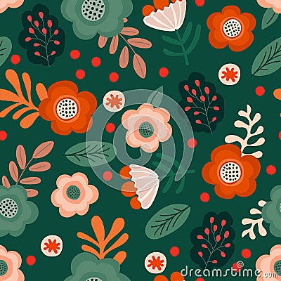 Seamless pattern with flovers and leaves on dark background. Vector Illustration