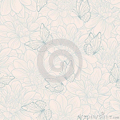Seamless pattern with flower dahlia and butterfly . Floral ornament. Hand-drawn contour lines and strokes. Vector Illustration