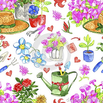 Seamless pattern with flower in pot, straw hat, working garden tools on white Cartoon Illustration