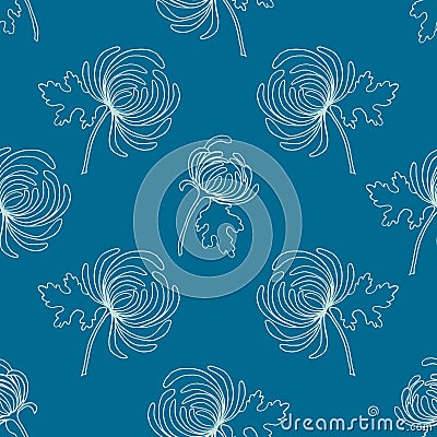 Seamless pattern from flowering branches of chrysanthemum, print in white outline on a blue background. Vector Illustration