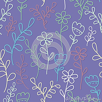 Seamless pattern with flowers and branches. Lilac background. Vector Illustration